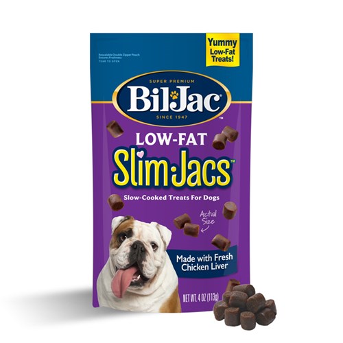 Packaging for Slim-Jacs Low-Fat Dog Treats.