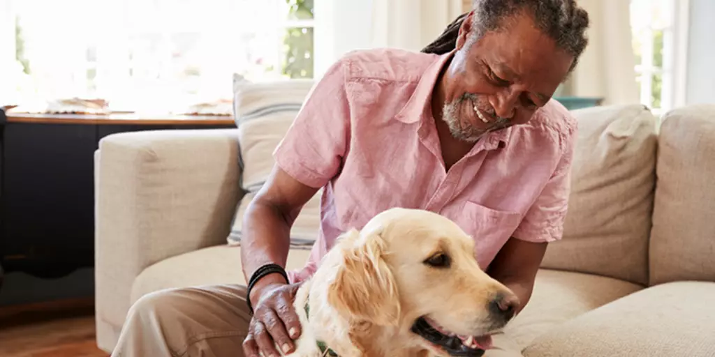 An older man benefiting his health by petting his dog and reducing stress. 